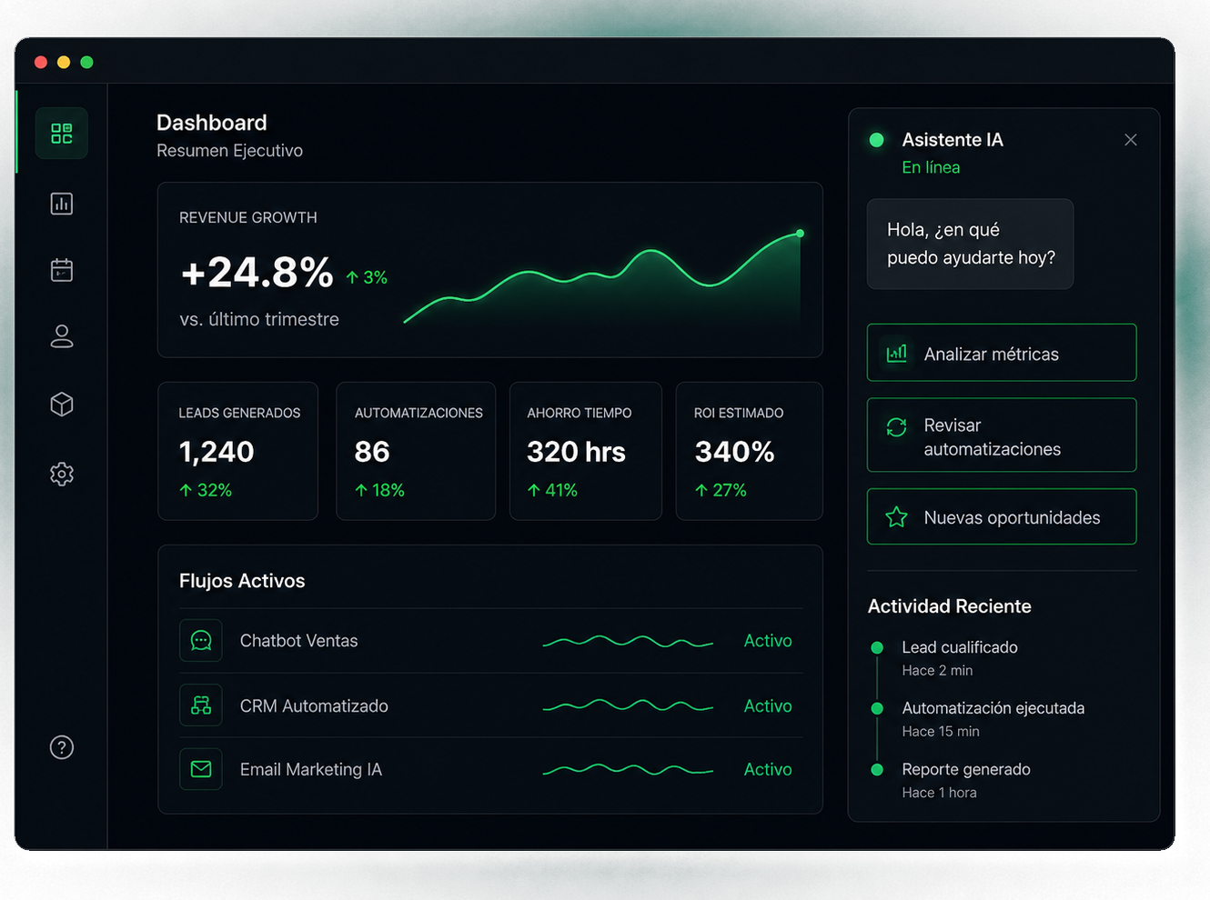 Dashboard de inteligencia artificial con paneles de datos y gráficas empresariales